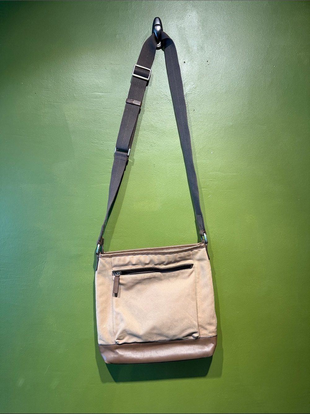Coach Men's Hobo Tan Canvas Crossbody Bag with Adjustable Black Strap